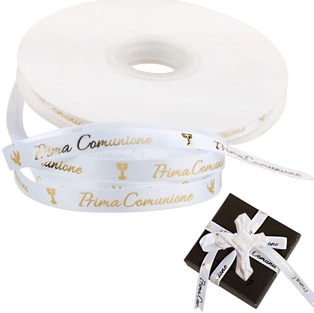 Nastro Comunione 10mm x 25 yard – Bianco Scritta Oro