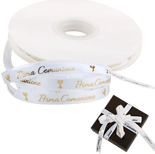 Nastro Comunione 10mm x 25 yard – Bianco Scritta Oro