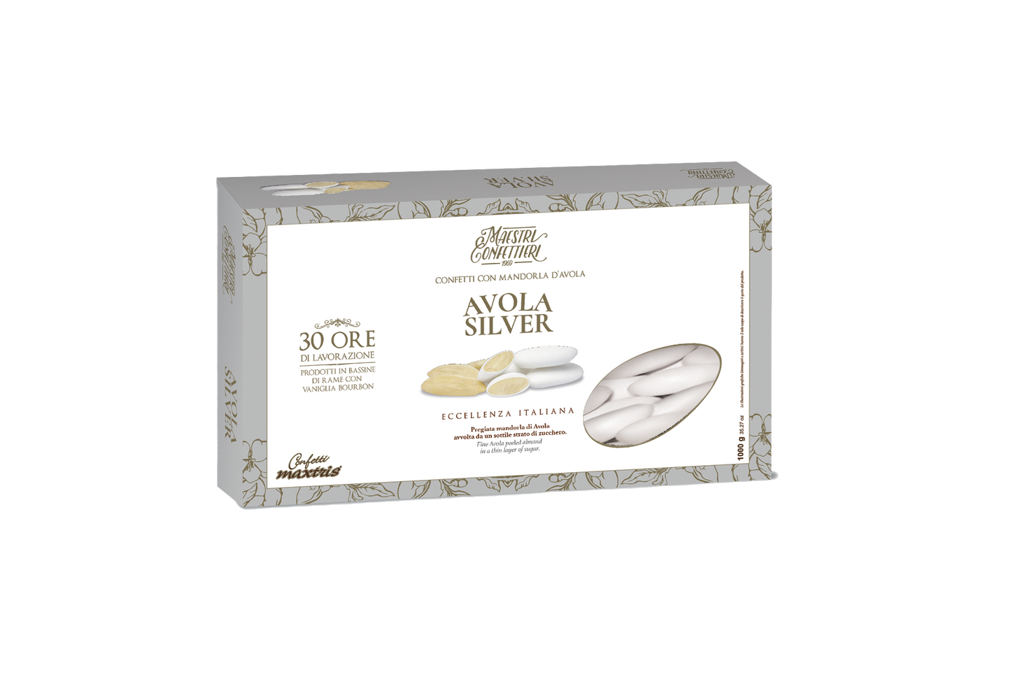 Confetti Avola Silver bianchi alle mandorle per matrimonio elegante (Confezione-no-sfondo)