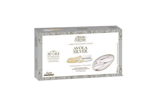 Confetti Avola Silver bianchi alle mandorle per matrimonio elegante (Confezione-no-sfondo)
