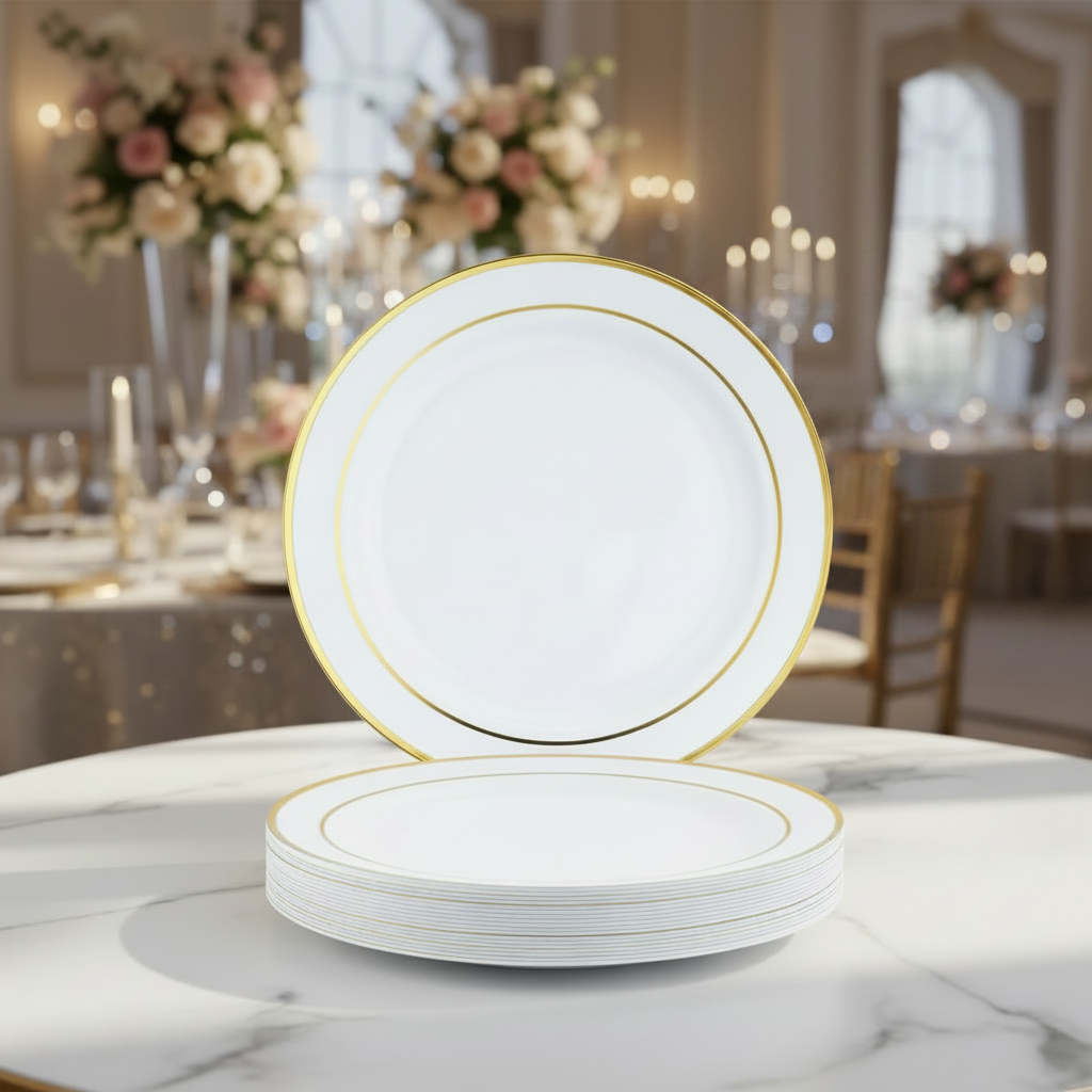 Piatto Tondo Dessert Bianco Bordo Gold ⌀19cm – Confezione da 20pz